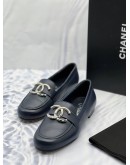 (LIKE NEW) CHANEL COCO MARK LOAFERS SIZE 36 1/2 IN DARK BLUE CALFSKIN LEATHER -FULL SET-