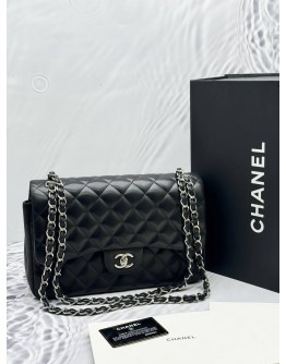 CHANEL CLASSIC JUMBO DOUBLE FLAP SHOULDER BAG IN BLACK LAMBSKIN LEATHER -FULL SET-