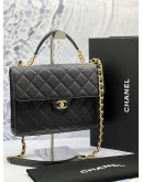 (LIKE NEW) MICROCHIP CHANEL FLAP TOP HANDLE BAG IN BLACK GRAINED CALFSKIN LEATHER -FULL SET-