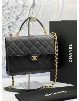 (LIKE NEW) MICROCHIP CHANEL FLAP TOP HANDLE BAG IN BLACK GRAINED CALFSKIN LEATHER -FULL SET-