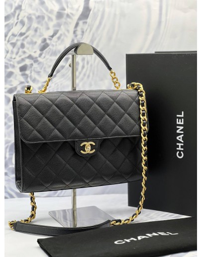 (LIKE NEW) MICROCHIP CHANEL FLAP TOP HANDLE BAG IN BLACK GRAINED CALFSKIN LEATHER -FULL SET-