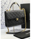 (LIKE NEW) MICROCHIP CHANEL FLAP TOP HANDLE BAG IN BLACK GRAINED CALFSKIN LEATHER -FULL SET-