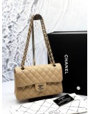 (LIKE NEW) CHANEL SMALL CLASSIC DOUBLE FLAP SHOULDER BAG IN BEIGE CAVIAR LEATHER -FULL SET-