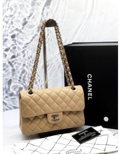 (LIKE NEW) CHANEL SMALL CLASSIC DOUBLE FLAP SHOULDER BAG IN BEIGE CAVIAR LEATHER -FULL SET-