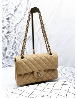 (LIKE NEW) CHANEL SMALL CLASSIC DOUBLE FLAP SHOULDER BAG IN BEIGE CAVIAR LEATHER -FULL SET-