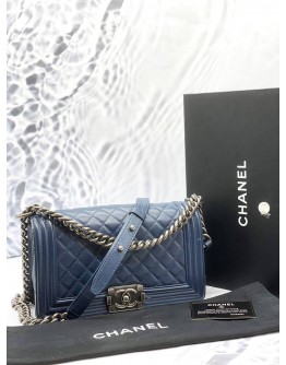 (LIKE NEW) CHANEL BOY MEDIUM SHOULDER AND CROSSBODY BAG IN BLUE CAVIAR LEATHER -FULL SET-