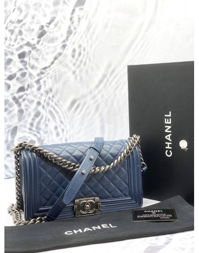 (LIKE NEW) CHANEL BOY MEDIUM SHOULDER AND CROSSBODY BAG IN BLUE CAVIAR LEATHER -FULL SET-