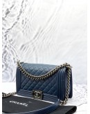 (LIKE NEW) CHANEL BOY MEDIUM SHOULDER AND CROSSBODY BAG IN BLUE CAVIAR LEATHER -FULL SET-
