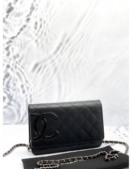 (LIKE NEW) CHANEL CAMBON LINE WALLET ON CHAIN IN BLACK LAMBSKIN WITH PATENT LEATHER -FULL SET-