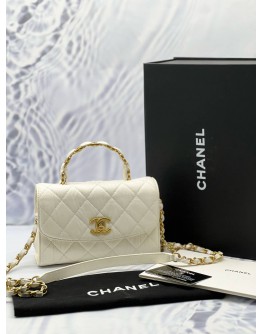 (LIKE NEW) CHANEL MINI FLAP TOP HANDLE BAG IN WHITE CRUMPLED LAMBSKIN LEATHER -FULL SET-