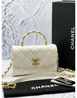 (LIKE NEW) CHANEL MINI FLAP TOP HANDLE BAG IN WHITE CRUMPLED LAMBSKIN LEATHER -FULL SET-
