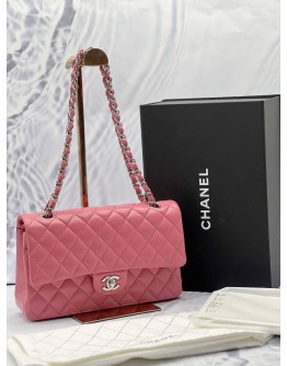 (LIKE NEW) MICROCHIP CHANEL CLASSIC MEDIUM DOUBLE FLAP SHOULDER BAG IN PINK LAMBSKIN LEATHER -FULL SET- 