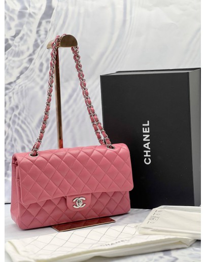 (LIKE NEW) MICROCHIP CHANEL CLASSIC MEDIUM DOUBLE FLAP SHOULDER BAG IN PINK LAMBSKIN LEATHER -FULL SET- 