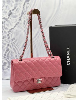 (LIKE NEW) MICROCHIP CHANEL CLASSIC MEDIUM DOUBLE FLAP SHOULDER BAG IN PINK LAMBSKIN LEATHER -FULL SET- 