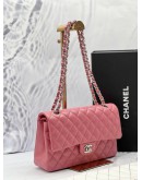 (LIKE NEW) MICROCHIP CHANEL CLASSIC MEDIUM DOUBLE FLAP SHOULDER BAG IN PINK LAMBSKIN LEATHER -FULL SET- 