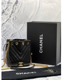 CHANEL PARIS COSMOPOLITE DRAWSTRING BUCKET BAG IN BLACK LAMBSKIN LEATHER -FULL SET-