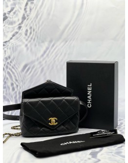 CHANEL CARRY WITH CHIC CHAIN FLAP WAIST BAG IN BLACK CALFSKIN LEATHER -FULL SET- 