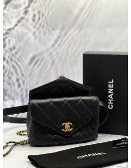 CHANEL CARRY WITH CHIC CHAIN FLAP WAIST BAG IN BLACK CALFSKIN LEATHER -FULL SET- 