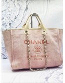 CHANEL DEAUVILLE TOTE SHOULDER BAG IN DUSTY BLUSH PINK CANVAS WITH CREAM CALFSKIN LEATHER