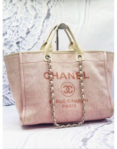 CHANEL DEAUVILLE TOTE SHOULDER BAG IN DUSTY BLUSH PINK CANVAS WITH CREAM CALFSKIN LEATHER