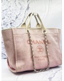 CHANEL DEAUVILLE TOTE SHOULDER BAG IN DUSTY BLUSH PINK CANVAS WITH CREAM CALFSKIN LEATHER