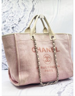 CHANEL DEAUVILLE TOTE SHOULDER BAG IN DUSTY BLUSH PINK CANVAS WITH CREAM CALFSKIN LEATHER