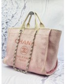 CHANEL DEAUVILLE TOTE SHOULDER BAG IN DUSTY BLUSH PINK CANVAS WITH CREAM CALFSKIN LEATHER