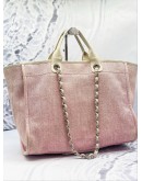 CHANEL DEAUVILLE TOTE SHOULDER BAG IN DUSTY BLUSH PINK CANVAS WITH CREAM CALFSKIN LEATHER