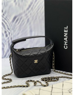 (LIKE NEW) MICROCHIP CHANEL 25 MINI HOBO CHAIN BAG IN BLACK CAVIAR LEATHER -FULL SET-