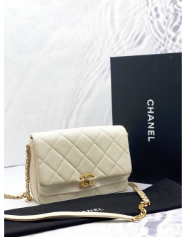 (LIKE NEW) CHANEL SMALL MELODY FLAP BAG IN WHITE CAVIAR LEATHER -FULL SET-