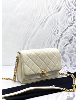(LIKE NEW) CHANEL SMALL MELODY FLAP BAG IN WHITE CAVIAR LEATHER -FULL SET-