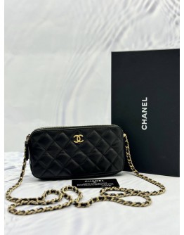 (LIKE NEW) CHANEL DOUBLE ZIP WALLET ON CHAIN IN BLACK LAMBSKIN LEATHER -FULL SET-