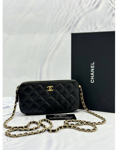 (LIKE NEW) CHANEL DOUBLE ZIP WALLET ON CHAIN IN BLACK LAMBSKIN LEATHER -FULL SET-