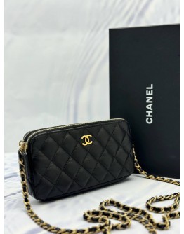 (LIKE NEW) CHANEL DOUBLE ZIP WALLET ON CHAIN IN BLACK LAMBSKIN LEATHER -FULL SET-