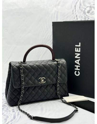 (LIKE NEW) CHANEL COCO MEDIUM TOP HANDLE BAG WITH LIZARD HANDLE IN BLACK CAVIAR LEATHER -FULL SET-