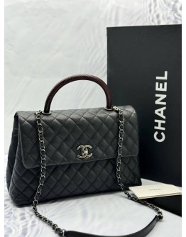 (LIKE NEW) CHANEL COCO MEDIUM TOP HANDLE BAG WITH LIZARD HANDLE IN BLACK CAVIAR LEATHER -FULL SET-