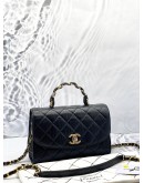 CHANEL MINI TOP HANDLE FLAP BAG IN BLACK CRUMPLED LAMBSKIN LEATHER