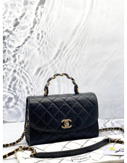 CHANEL MINI TOP HANDLE FLAP BAG IN BLACK CRUMPLED LAMBSKIN LEATHER