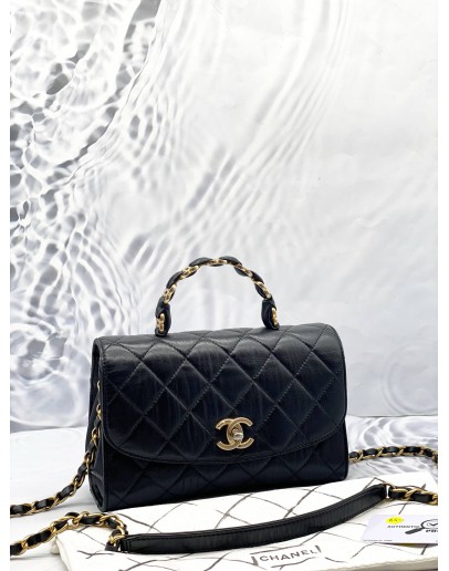 CHANEL MINI TOP HANDLE FLAP BAG IN BLACK CRUMPLED LAMBSKIN LEATHER