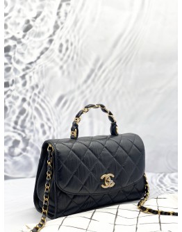 CHANEL MINI TOP HANDLE FLAP BAG IN BLACK CRUMPLED LAMBSKIN LEATHER