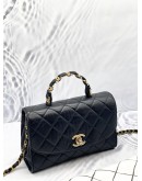 CHANEL MINI TOP HANDLE FLAP BAG IN BLACK CRUMPLED LAMBSKIN LEATHER