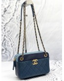 CHANEL FRONT POCKET CC CAMERA SHOULDER BAG IN BLUE LAMBSKIN LEATHER