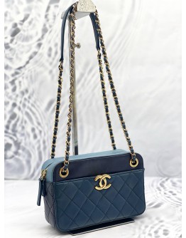 CHANEL FRONT POCKET CC CAMERA SHOULDER BAG IN BLUE LAMBSKIN LEATHER