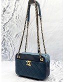CHANEL FRONT POCKET CC CAMERA SHOULDER BAG IN BLUE LAMBSKIN LEATHER