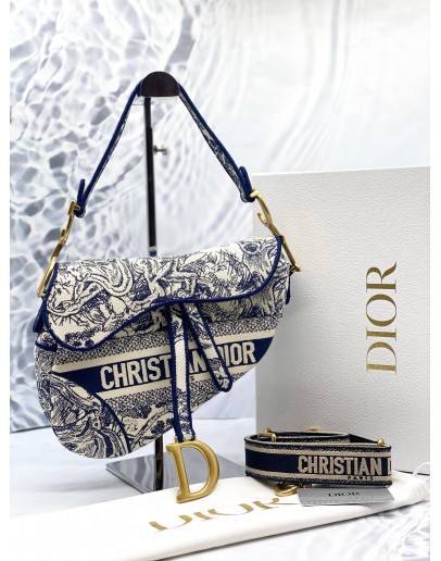 (LIKE NEW) CHRISTIAN DIOR SADDLE SHOULDER BAG IN BLUE TOILE DE JOUY EMBROIDERY -FULL SET-