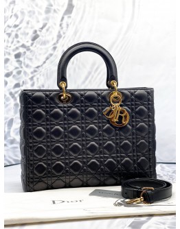 (LIKE NEW) CHRISTIAN DIOR LARGE LADY DIOR IN BLACK CANNAGE LAMBSKIN LEATHER