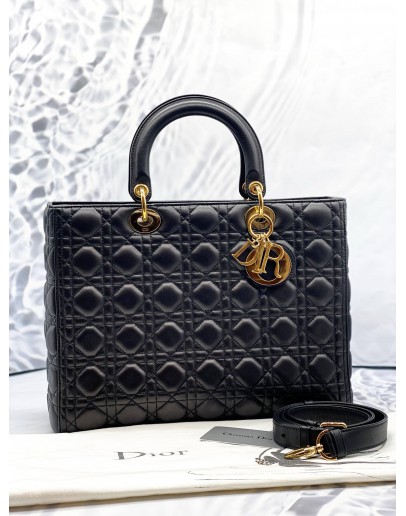 (LIKE NEW) CHRISTIAN DIOR LARGE LADY DIOR IN BLACK CANNAGE LAMBSKIN LEATHER