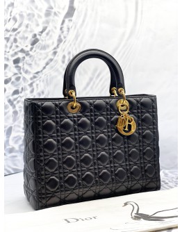(LIKE NEW) CHRISTIAN DIOR LARGE LADY DIOR IN BLACK CANNAGE LAMBSKIN LEATHER