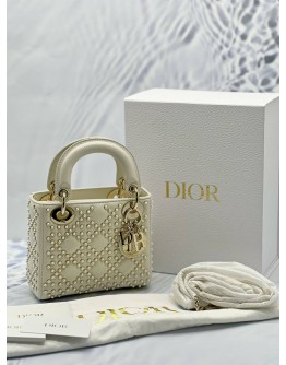 (LIKE NEW) CHRISTIAN DIOR MINI LADY DIOR IN OFF WHITE LAMBSKIN LEATHER WITH PEARL STUDDED -FULL SET-