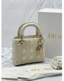 (LIKE NEW) CHRISTIAN DIOR MINI LADY DIOR IN OFF WHITE LAMBSKIN LEATHER WITH PEARL STUDDED -FULL SET-